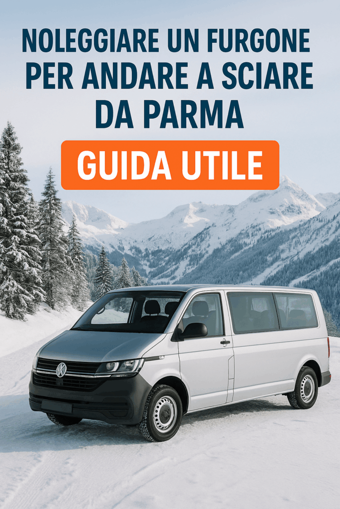 Furgone bianco a noleggio da Parma parcheggiato sulla neve, ideale per andare a sciare con amici o famiglia.
