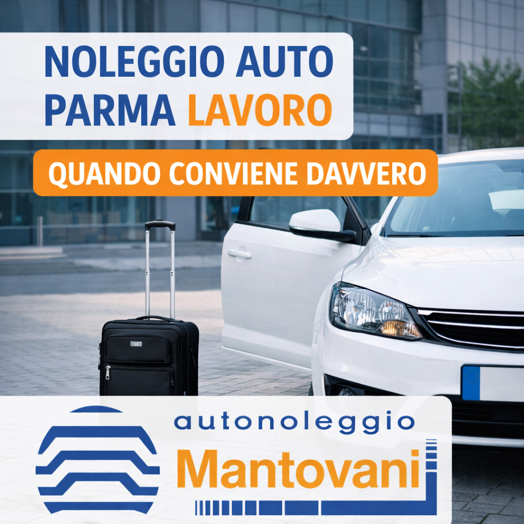 Noleggio auto a Parma per trasferte di lavoro con auto pronta e bagaglio davanti a ufficio moderno